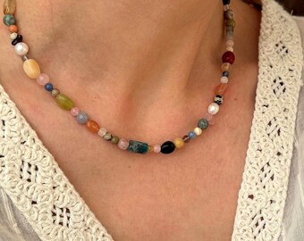 Collier de pierres précieuses multicolores, collier de pierres naturelles, argent 925, collier de perles de pierres colorées