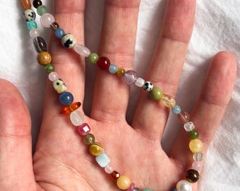 Colorful Natural Stone Beaded Necklace, Multicolor Gemstone Necklace For Women, Choker With Mixed Colorful Beads Sterling Silver Clasp