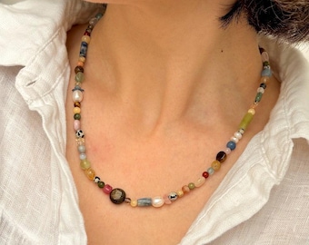 Collier en pierres précieuses multicolores, collier en pierres naturelles colorées, perles et pierres mélangées, argent 925