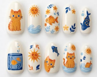 Hand Painted Cat and Goldfish Press On Nails | Cute Summer Orange Tabby Nail Art | Whimsical Ocean Sun Design | Gift for Her