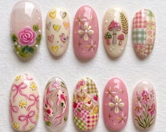 Uñas postizas estilo Cottagecore / Uñas postizas con lindos diseños florales, de peces koi y hongos pintados a mano / Uñas de gel reutilizables con estética de picnic kawaii