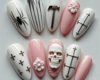 Uñas postizas Morbidcute, set de uñas oscuras y estéticas, uñas alternativas hechas a mano, estilo suave y vanguardista, arte de uñas Méh