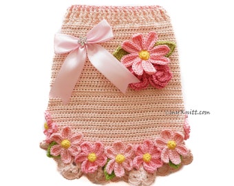 Pink Dog Dress Crochet Daisy Flower Applique, Pink Dress for Dogs, Dachshund Clothes, Chihuahua Clothes, DF201 Myknitt - Free shipping