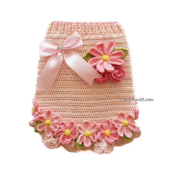 Pink Dog Dress Crochet Daisy Flower Applique, Pink Dress for Dogs, Dachshund Clothes, Chihuahua Clothes, DF201 Myknitt - Free shipping