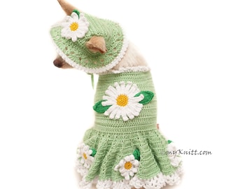 Green Summer Dog Dress Flower with Matching Dog Sun Hat Crochet, Chihuahua Clothes, Custom Dog Clothes DF157 by Myknitt - Free Shipping