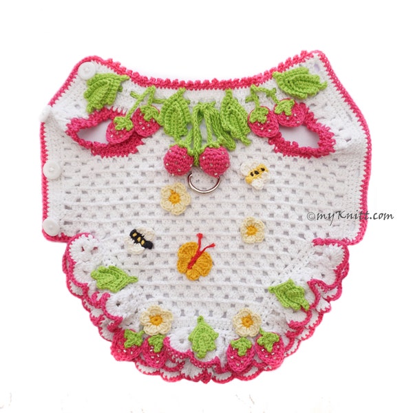 Dog Dress Harness Crochet Strawberry, Cute Chihuahua Clothes Crochet Bee Butterfly, Custom Fitted Dog Clothes DF223 Myknitt - Free Shipping