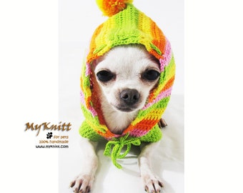 Dog Hoodie, Dog Sweater Large, Dog Clothes Small, Rasta Clothing for Dogs, Dog Pom Pom Hat, Chihuahua Clothes DK971 by Myknitt Free Shipping