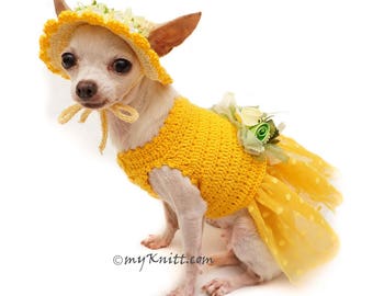 Yellow Dog Tutu Dress with Sun Hat, Yellow Polka dot Dog Dress, Chihuahua Dress, Cat Clothes, Yorkie Dress Crochet DF102 - Free Shipping