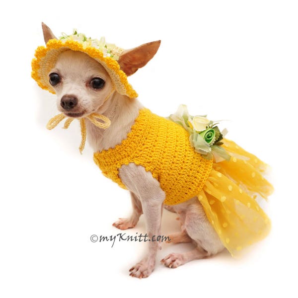 Vestido Tutú Perro Amarillo con Sombrero Solar, Vestido Amarillo Polka Dot Dog, Vestido Chihuahua, Ropa Gato, Yorkie Dress Crochet DF102 - sin Gastos de Envío