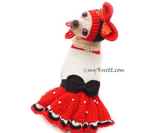 Red Dog Dress Crochet, Dog Hat Crochet Ears, Chihuahua Dress, Yorkie Dress, Red Black Pet Costume Crochet DF183 Myknitt - Free Shipping