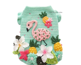 Flamingo Dog Dress Crochet Tropical Fruit Full Crystal and Pearls, Tropical Flower Dog Costume Party Halloween DF266 Myknitt Free Shipping