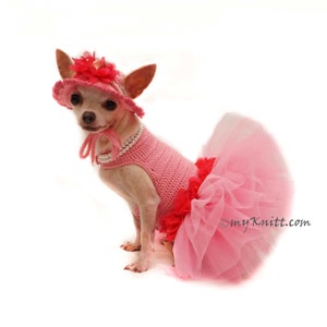 Pink Dog Tutu with Sun Dog Hat Crochet, Chihuahua Dress Tutu Flowers, Pink Dog, Handmade Crochet Pet Dress, DF144 by Myknitt - Free Shipping