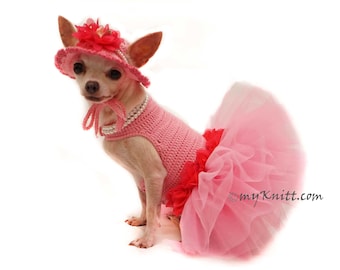 Pink Dog Tutu with Sun Dog Hat Crochet, Chihuahua Dress Tutu Flowers, Pink Dog, Handmade Crochet Pet Dress, DF144 by Myknitt - Free Shipping