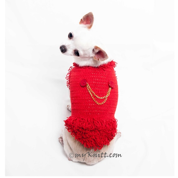 Red Dog Dress for Small Medium Large Dogs, Tassels Trim Cat Clothes Crochet  Custom Fit Pet Clothing DF39 by Myknitt Free Shipping 