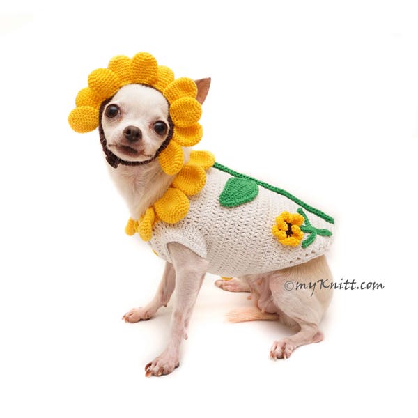 Sunflower Dog Costume, Cute Halloween Costume for Pets, Sun Flower Hair Accessory, Chihuahua Clothes DF94 by Myknitt - Free Shipping