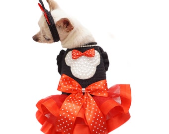 Black and Red Dog Dress Tutu Polkadot with Dog Head Accessory Full Pearls, Handmade Crochet Dog Dress Tutu DF218 Myknitt Free Shipping