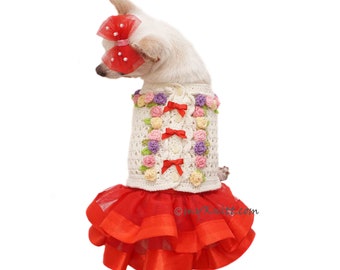 Two Piece Dress Red Rose Crochet Dog Dress, Dog Dress Wedding Red White Roses with Dog Head Accessory DF258 Myknitt - Free Shipping