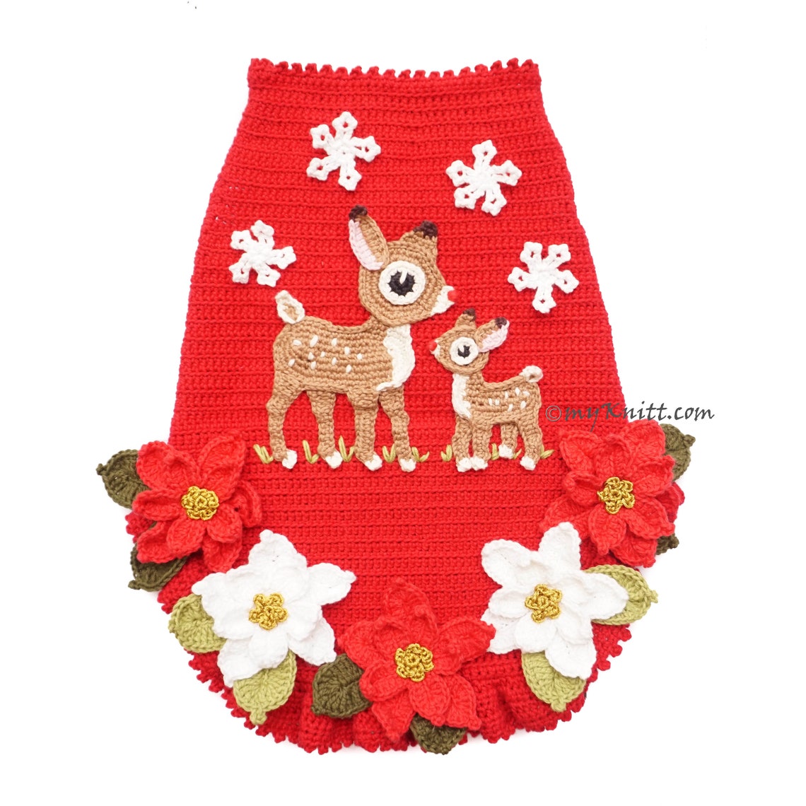 Red Dog Dress Christmas Reindeer Ornament Crochet Poinsettia Etsy