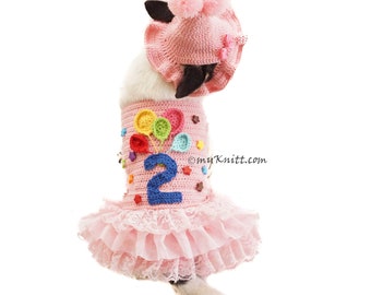 Pink Dog Dress Birthday, Pet Birthday Party Costume, Crochet Cat Hat Birthday, Custom DF197 Myknitt - Free Shipping