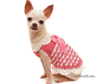 Pink Dog Dress Victorian Lace Crochet Neck Collar, Chihuahua Clothes, Dog Clothes XXS Small Medium Large, Myknitt DF160 - Free Shipping