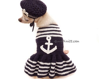 Navy Sailor Dog Dress Crochet, Crochet Sailor Dog Hat, Nautical Marine Pet Costume Hat Crochet, Chihuahua DF154 by Myknitt - Free Shipping