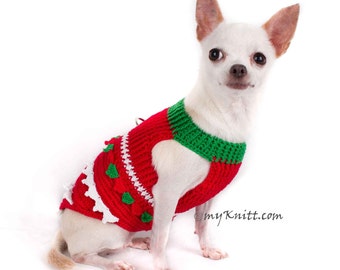 Christmas Chihuahua Clothes, Red Green Santa Dog Clothes, Christmas Pet Sweater Harness, Handmade Dog Crochet DF1 Myknitt - Free Shipping