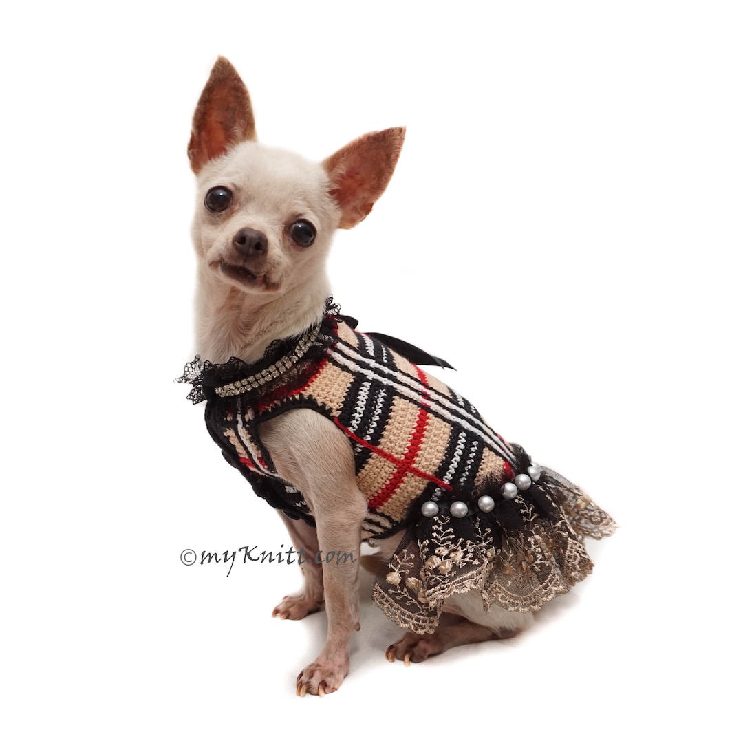 Fancy Dog Dress Plaid With Crystal and Pearls, Elegant Dog Dress Black