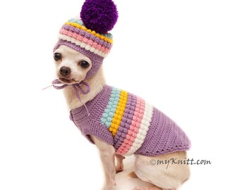 Purple Dog Sweater Crochet, Pompom Dog Hat Crochet, Pom Pom Dog Snood, Pink Purple Chihuahua Sweater DF156 by Myknitt - Free Shipping