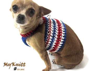 4th of July Dog Collar Crochet, Red White and Blue Dog Harness, Patriotic Dog Clothes, Puppy Collar, Chihuahua DH25 Myknitt - Free Shipping