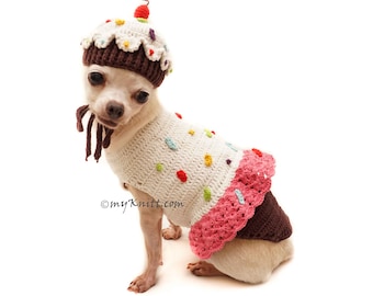 Cupcake Dog Costume Crochet, Cupcake Dog Hat Crochet, Birthday Pet Costume, Chihuahua Clothes DF162 by Myknitt - Free Shipping