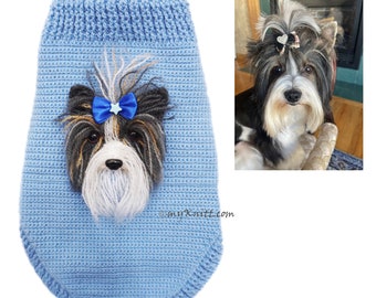 Yorkshire Selfie Dog Sweater Crochet, Baby Blue Dog Clothes, Yorkie Dog Portrait Custom, Yorkie Clothes, Yorkshire Figurine, 3D10 Myknitt