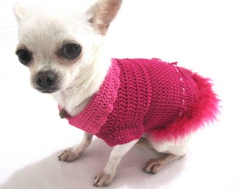 Pink Pet Dress Feather, Crochet Chihuahua Dress, Dog Clothes Corgi, Dachshund Clothes Pink Myknitt DK894 - Free Shipping