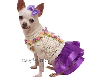 Purple Dress Dog Tutu, Crochet Flower Dog Dress Wedding, Dog Cardigan Two Piece Dress Tutu, Custom Chihuahua Clothes DF259 Myknitt Free Ship