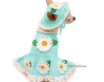 Soft Teal Dog Dress Flower, Crochet Dog Hats Ear Holes, Custom Dog Dress Chihuahua, Cat Dress Costume DF229 Myknitt - Free Shipping