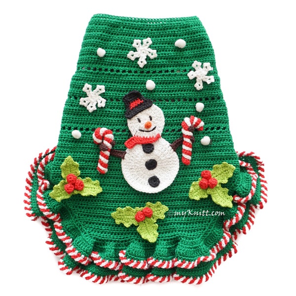 Green Dog Dress Christmas Snowman Ornament, Crochet Snowflake , Cat Dress, Chihuahua Clothes, Dachshund DF208 Myknitt - Free Shipping