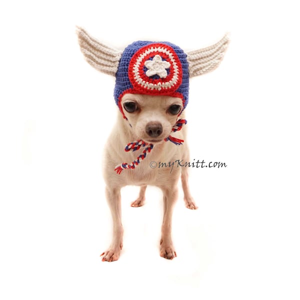 Superhéroe América perro sombrero gato traje crochet, 4 de julio mascota foto prop, traje de perro superhéroe, chihuahua yorkie, sombrero de gato, DB17 Myknitt