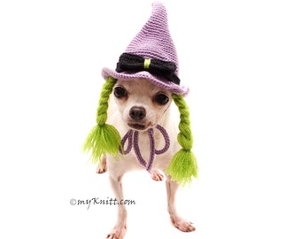 Purple Wizard Hat with Green Braid Wig, Witch Dog Hat, Wizard Dog Hat, Cat Hat, Halloween Pet Costume DB33 Myknitt - Free Shipping