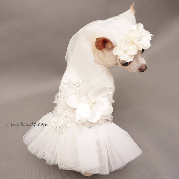 Witte bruids hond trouwjurk, fancy hond Bruidsmeisjesjurk, elegante hond trouwjurk, gehaakte Pet trouwjurk DF95 Myknitt gratis verzending