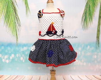 Nautical Anchor Dog Dress Crochet, Navy Sailor Pet Dress Costume, Custom Dog Dress Small Large DF296 Myknitt - Free Shipping