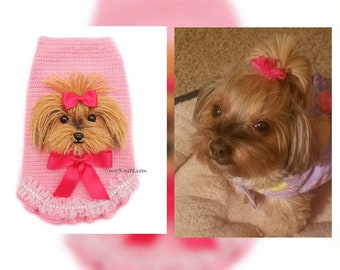 Selfie Dog Dress, Dog Portrait Custom Dog Clothes, Yorkie Self Portrait Sweater Handmade Crochet by Myknitt - Free Shipping
