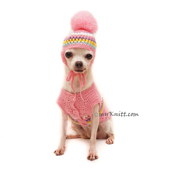 Baby Pink Dog Sweater Pom Pom Dog Snood Hat Crochet Chihuahua