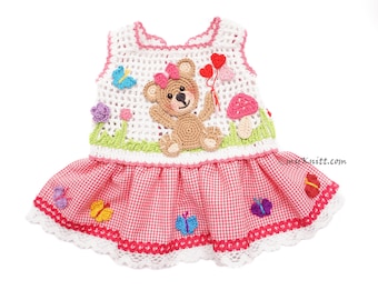 Pink Valentine Dog Dress Crochet Teddy Bear Holding Heart Balloons, Cute Pet Dress Custom, Chihuahua Dress DF284 Myknitt Free Shipping