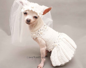 Dog Dress Wedding White, Dog Wedding Headpiece Veil, Rhinestone and Pearls Pet Dress, DF166 Crochet by Myknitt DF - Free Shipping