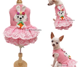 Crochet Bunny Pink Dog Dress Easter, Easter Bunny Crochet Dress Ball Gown, Chihuahua Dress, Yorkie Dress, XL Dog DF291 Myknitt Free Shipping