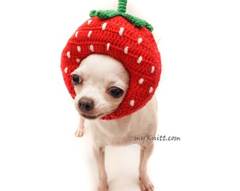 Strawberry Hat, Strawberry Crochet Amigurumi Fruit, Crochet Dog Hats, Funny Dog Costume, Cat Costume, Chihuahua DB12 Myknitt - Free Shipping