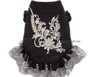Black Lace Dog Dress Crochet, Black Silver Elegant Dress for Dogs Cats, Custom Chihuahua Clothes, Bridal Dog DF251 Myknitt - Free Shipping