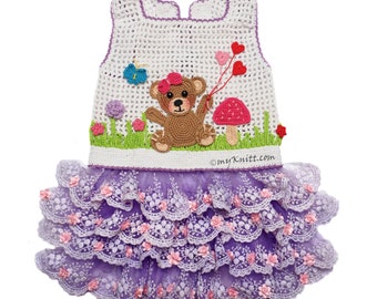 Teddy Bear Love Valentine Purple Dog Dress Ruffle, Heart Teddy bear Girly Dog Dress Chihuahua Yorkshire, Poodle Dress Custom DF301 Myknitt