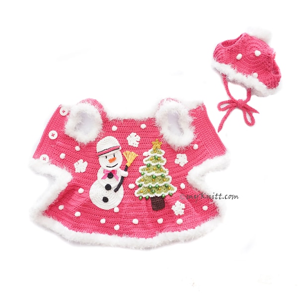 Roze Kerst Hond Jurk Gehaakte Muts, Roze Kerst Snowman Dog Dress, Snowflake Gehaakte Sneeuwwitje Jurk DF280 Myknitt Gratis Verzending