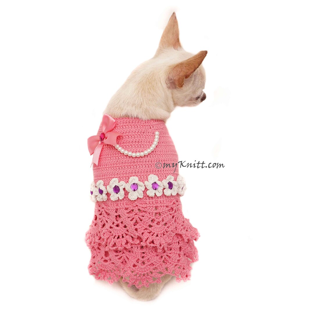 Pink Peach Girly Dog Dress With Ruffle Crochet, Peach Dog Dress Bow