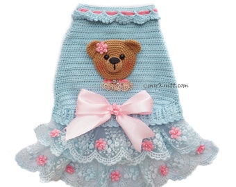 Teddy Valentine Blue Pet Dress Crochet, Valentine Bear Dog Dress Two Piece Sets, Chihuahua Dress, Yorkie Myknitt DF254 - Free Shipping